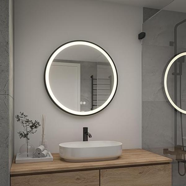 60 Round LED Bathroom Mirror with Black Frame Touch Sensor Control Wall-Mounted Lighted Vanity Mirror Matte Black 60cm